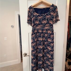 Madewell Navy and Peach Leaf Print Midi Dress